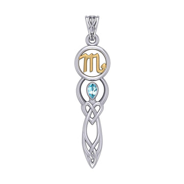 Celtic Goddess Scorpio Astrology Zodiac Sign Silver and Gold Accents Pendant with Blue Topaz MPD5942 - Jewelry